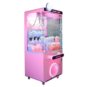 Colorful claw machine filled with plush toys and prizes for children.
