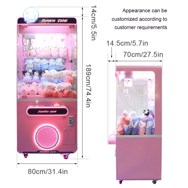 Colorful claw machine filled with plush toys and prizes for children.
