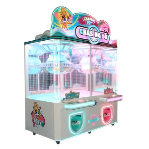 Ein farbenfroher Klammer-Geschenkautomat mit einer rotierenden Scheibe, an der bunte Klammern verschiedene Preise halten und der den Nervenkitzel des Gewinnens verdeutlicht.