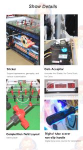 Coin-operated table football machine for kids and adults, perfect for arcades and entertainment venues.