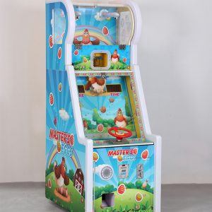 Golden Rooster Laying Eggs Children's Game Machine featuring a colorful screen with a chicken dropping eggs, a basket controlled by a steering wheel, and bright graphics attracting young players.