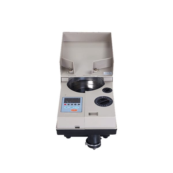A high-speed coin counting machine efficiently sorting and counting coins.