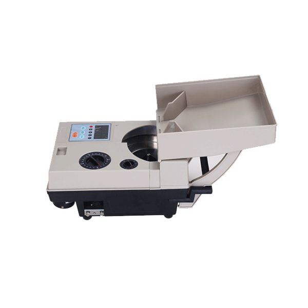 A high-speed coin counting machine efficiently sorting and counting coins.