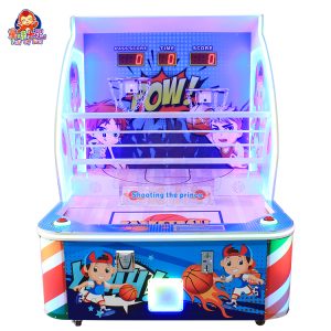 Children playing with a Children's Basketball Machine, showcasing its bright colors and interactive design, suitable for kids to enhance their basketball skills.