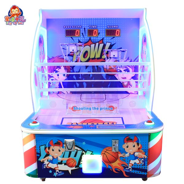 Children playing with a Children's Basketball Machine, showcasing its bright colors and interactive design, suitable for kids to enhance their basketball skills.