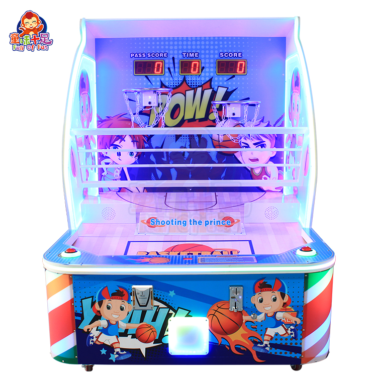 Children playing with a Children's Basketball Machine, showcasing its bright colors and interactive design, suitable for kids to enhance their basketball skills.