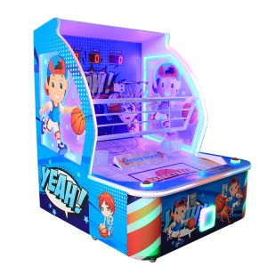 Children playing with a Children's Basketball Machine, showcasing its bright colors and interactive design, suitable for kids to enhance their basketball skills.