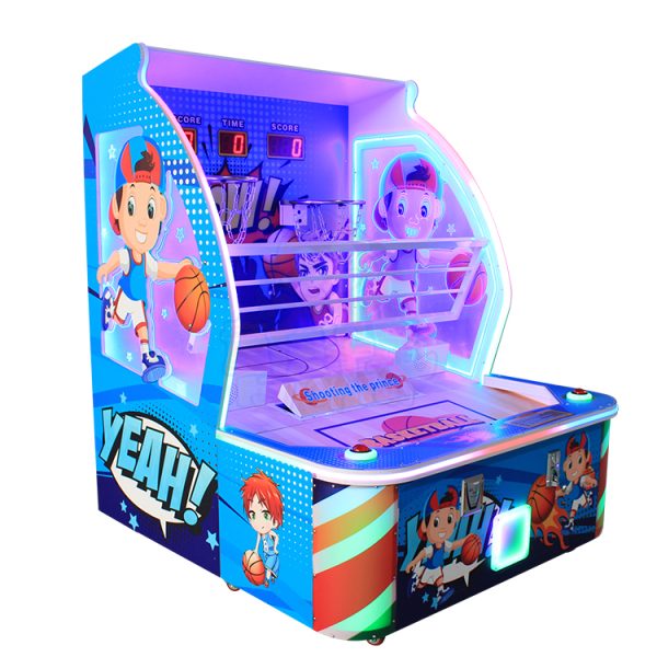 Children playing with a Children's Basketball Machine, showcasing its bright colors and interactive design, suitable for kids to enhance their basketball skills.