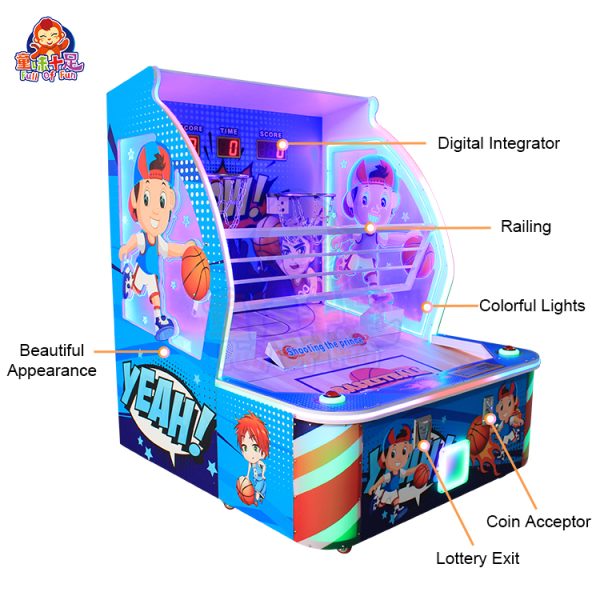 Children playing with a Children's Basketball Machine, showcasing its bright colors and interactive design, suitable for kids to enhance their basketball skills.