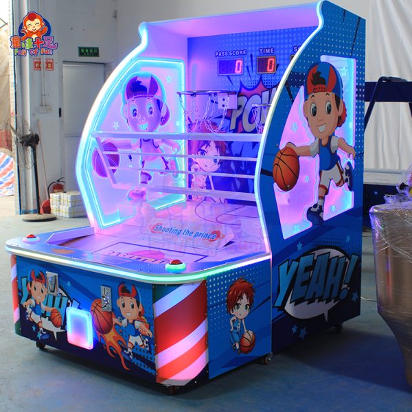 Children playing with a Children's Basketball Machine, showcasing its bright colors and interactive design, suitable for kids to enhance their basketball skills.