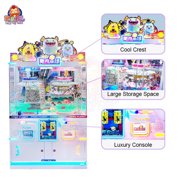 A vibrant Clamp Gift Machine featuring a rotating disk with colorful clamps holding various prizes, showcasing the thrill of winning.