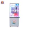 Colorful transparent claw machine with prizes inside, designed for arcades and entertainment venues.