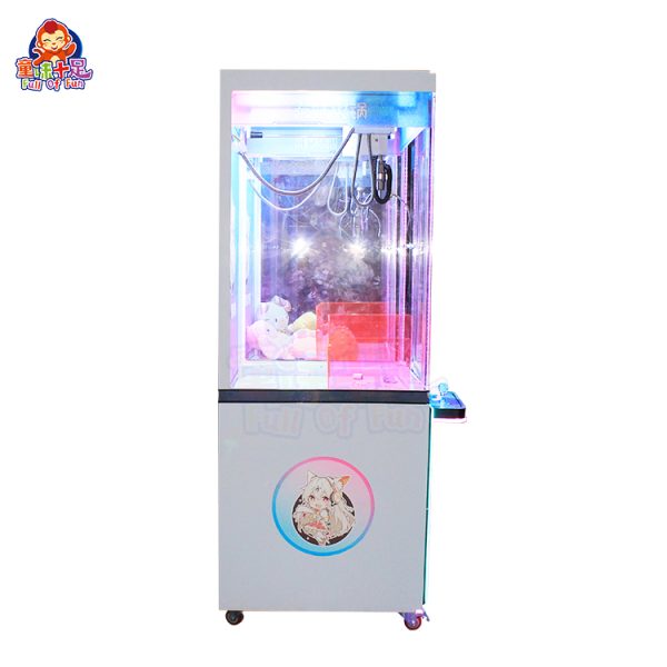 Colorful transparent claw machine with prizes inside, designed for arcades and entertainment venues.
