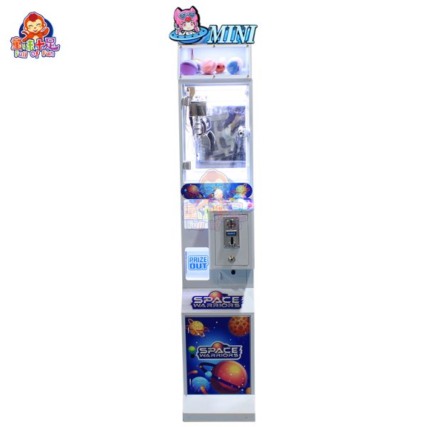 Mini claw machine with colorful plush toys, perfect for home or arcade use.