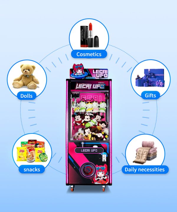 Deluxe Claw Machine with LED lights and plush toys as prizes.