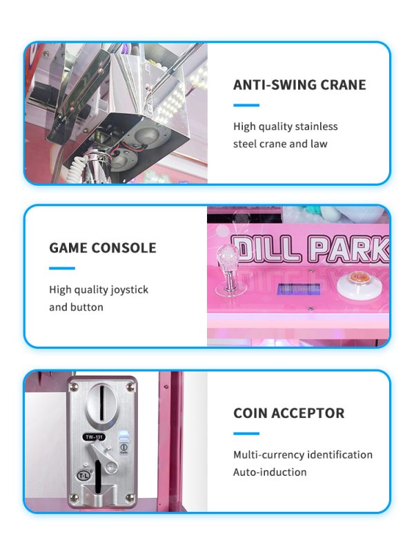 Deluxe Claw Machine with LED lights and plush toys as prizes.