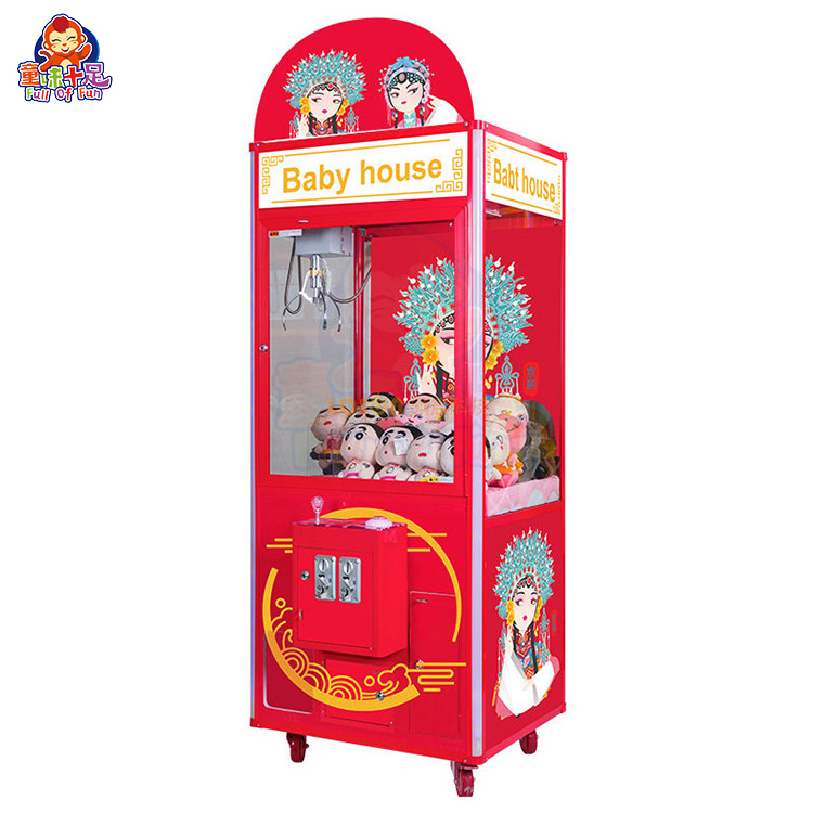 Chinese-style claw machine with decorative patterns and plush toys.