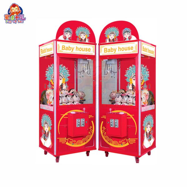 Chinese-style claw machine with decorative patterns and plush toys.