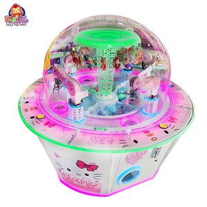 Four-player claw machine with four control panels and colorful lights.