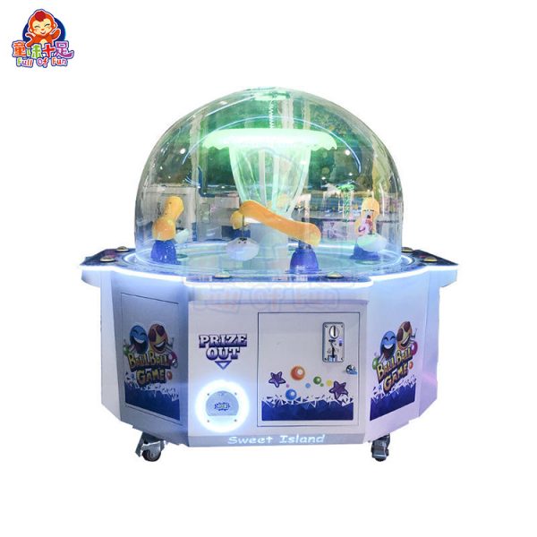 Four-player claw machine with four control panels and colorful lights.
