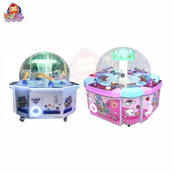Four-player claw machine with four control panels and colorful lights.