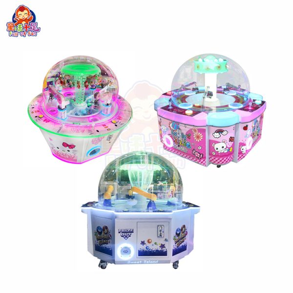 Four-player claw machine with four control panels and colorful lights.