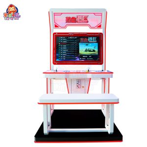 Arcade-Kampfspielautomat mit Zwei-Spieler-Steuerung und lebendiger Spielgrafik.