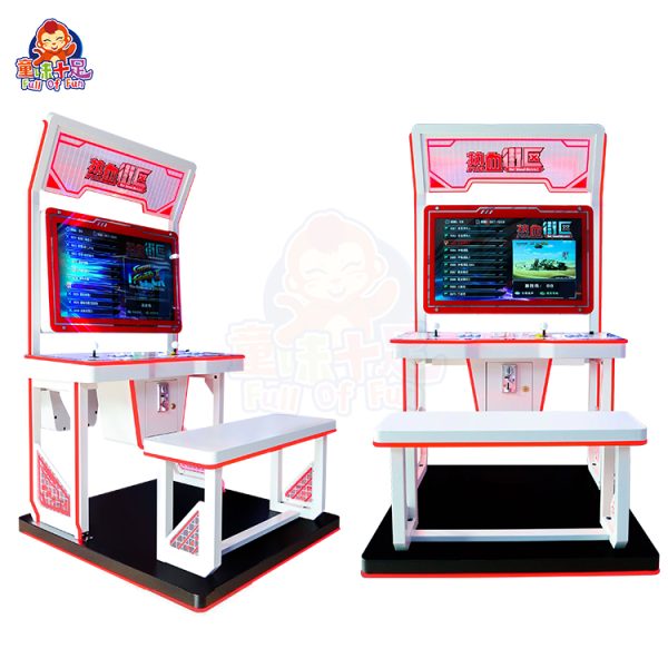 Arcade fighting game machine with two-player controls and vibrant game graphics.
