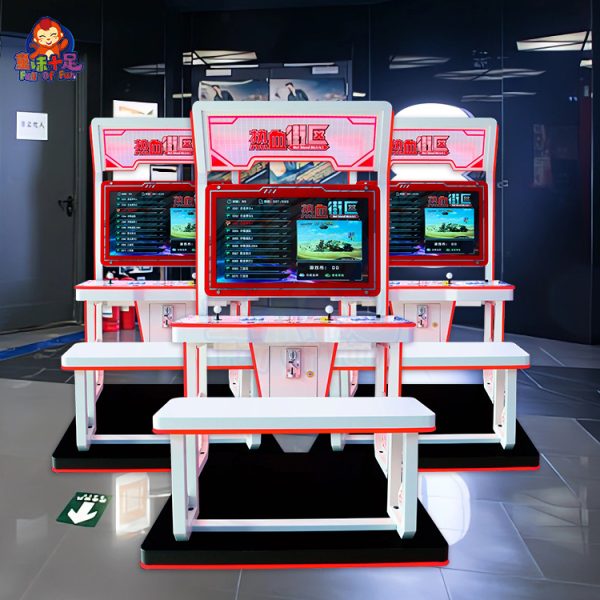 Arcade fighting game machine with two-player controls and vibrant game graphics.