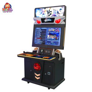 Street fighting arcade machine with joystick controls and vibrant gameplay display.
