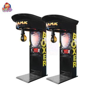Black boxing machine with a punching pad and digital score display.