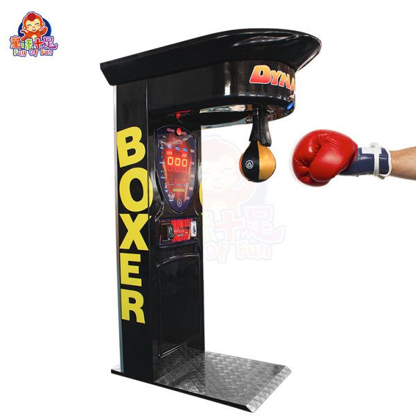 Black boxing machine with a punching pad and digital score display.