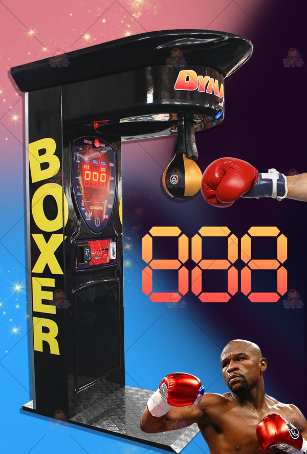 Black boxing machine with a punching pad and digital score display.