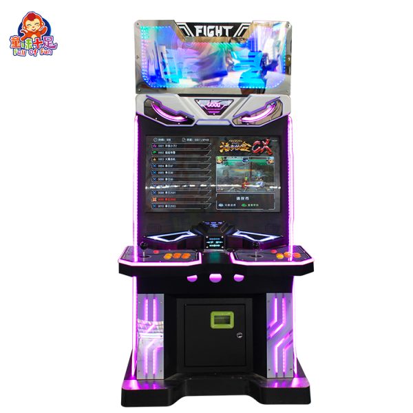 Arcade fighting game machine with colorful screen and joystick controls.