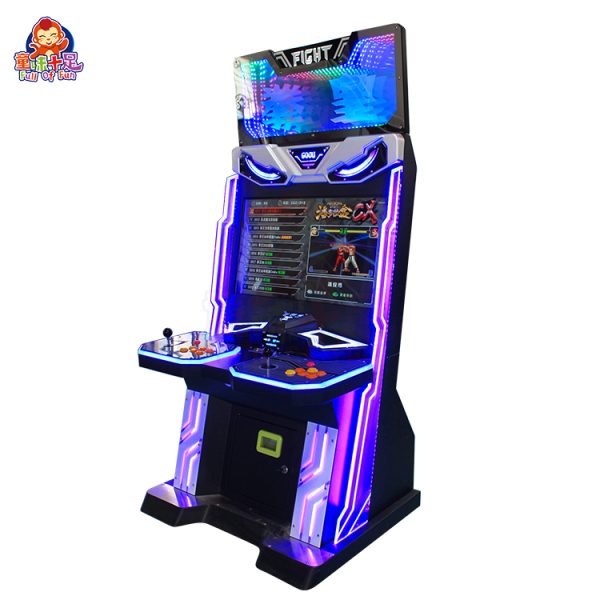 Arcade fighting game machine with colorful screen and joystick controls.