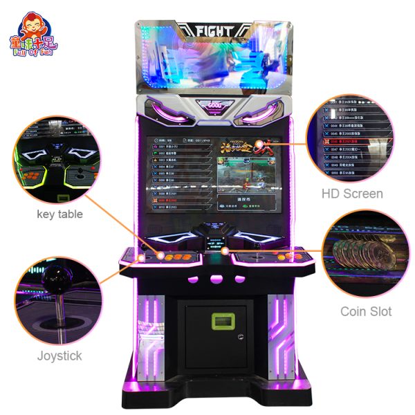 Arcade fighting game machine with colorful screen and joystick controls.
