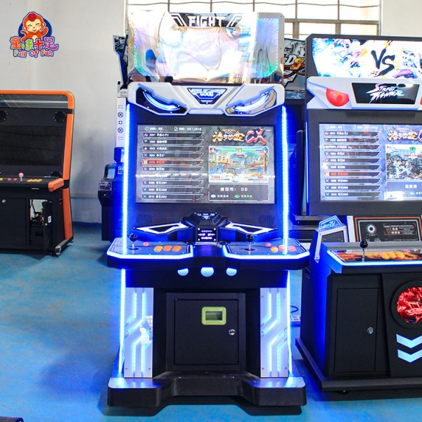 Arcade fighting game machine with colorful screen and joystick controls.