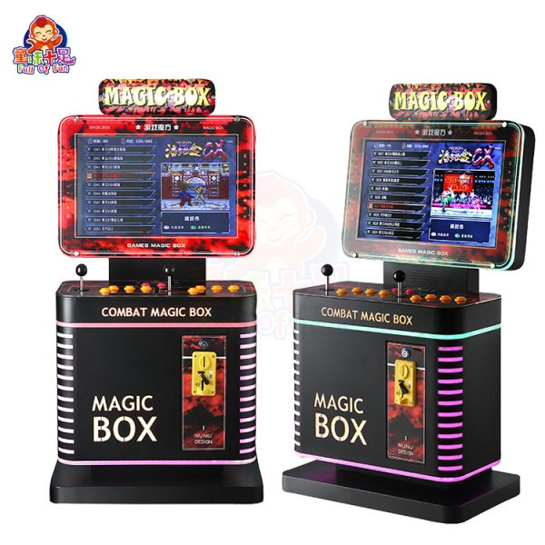 Mini arcade fighting machine with colorful controls and exciting fighting game graphics.