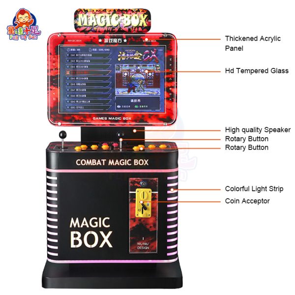 Mini arcade fighting machine with colorful controls and exciting fighting game graphics.
