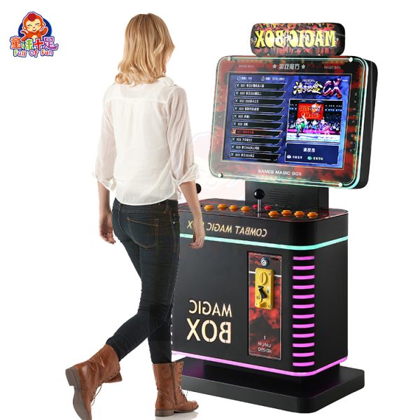 Mini arcade fighting machine with colorful controls and exciting fighting game graphics.