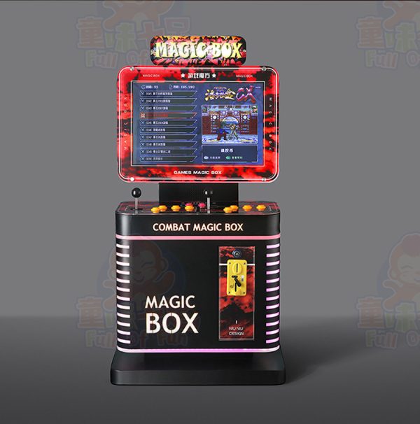 Mini arcade fighting machine with colorful controls and exciting fighting game graphics.