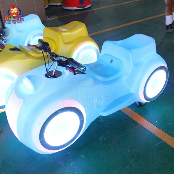 Colorful children's square motorcycle ride with safety features and vibrant design.