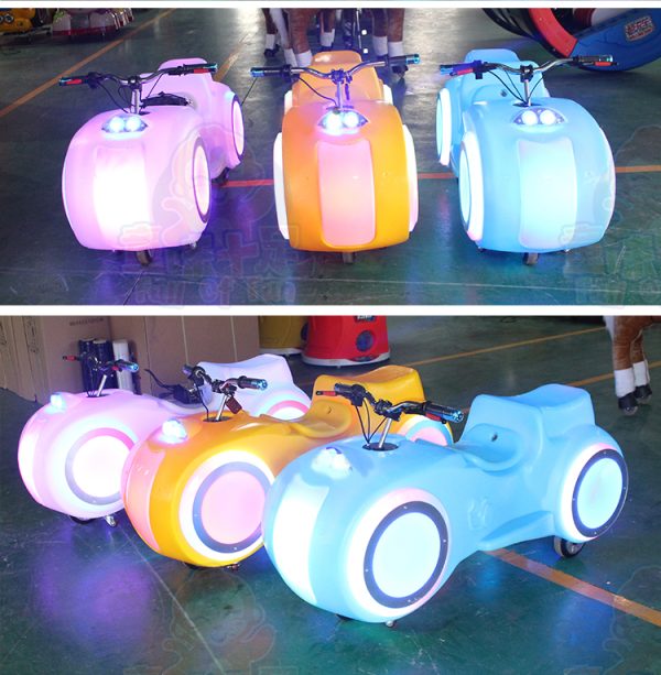 Colorful children's square motorcycle ride with safety features and vibrant design.