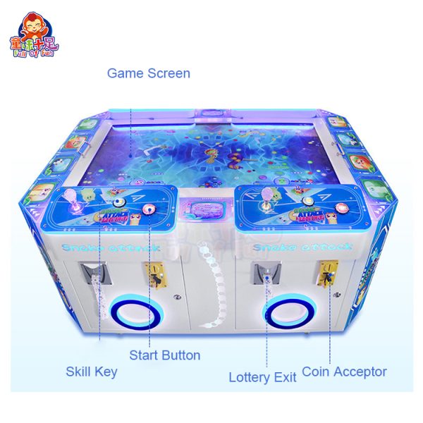 Children’s 4-player Pac-Man arcade game machine with bright graphics.