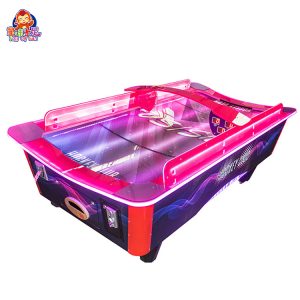 Curved air hockey table for competitive play.
