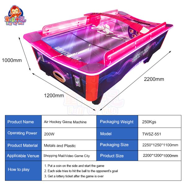 Curved air hockey table for competitive play.