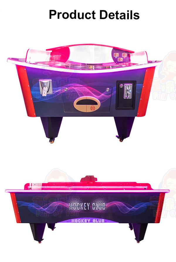 Curved air hockey table for competitive play.