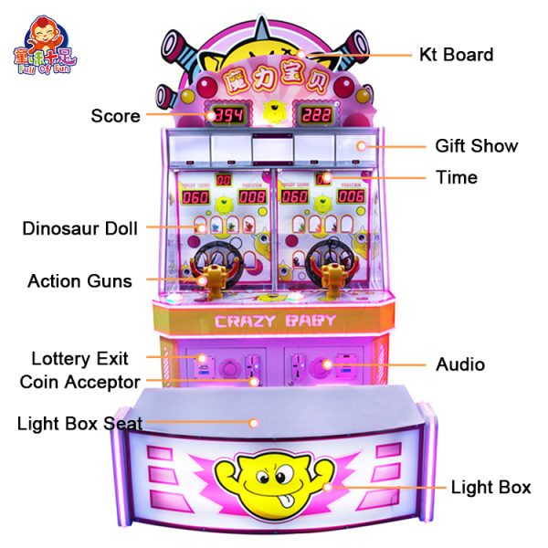 Child playing with the Magic Baby ball-shooting game machine in a colorful arcade.