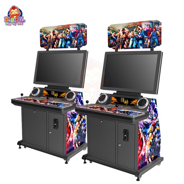 Arcade fighting game machine with two players competing using joystick and button controls.