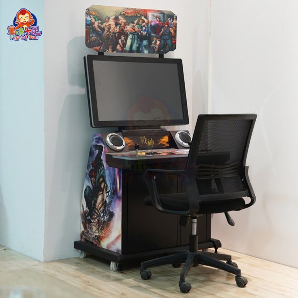 Arcade fighting game machine with two players competing using joystick and button controls.